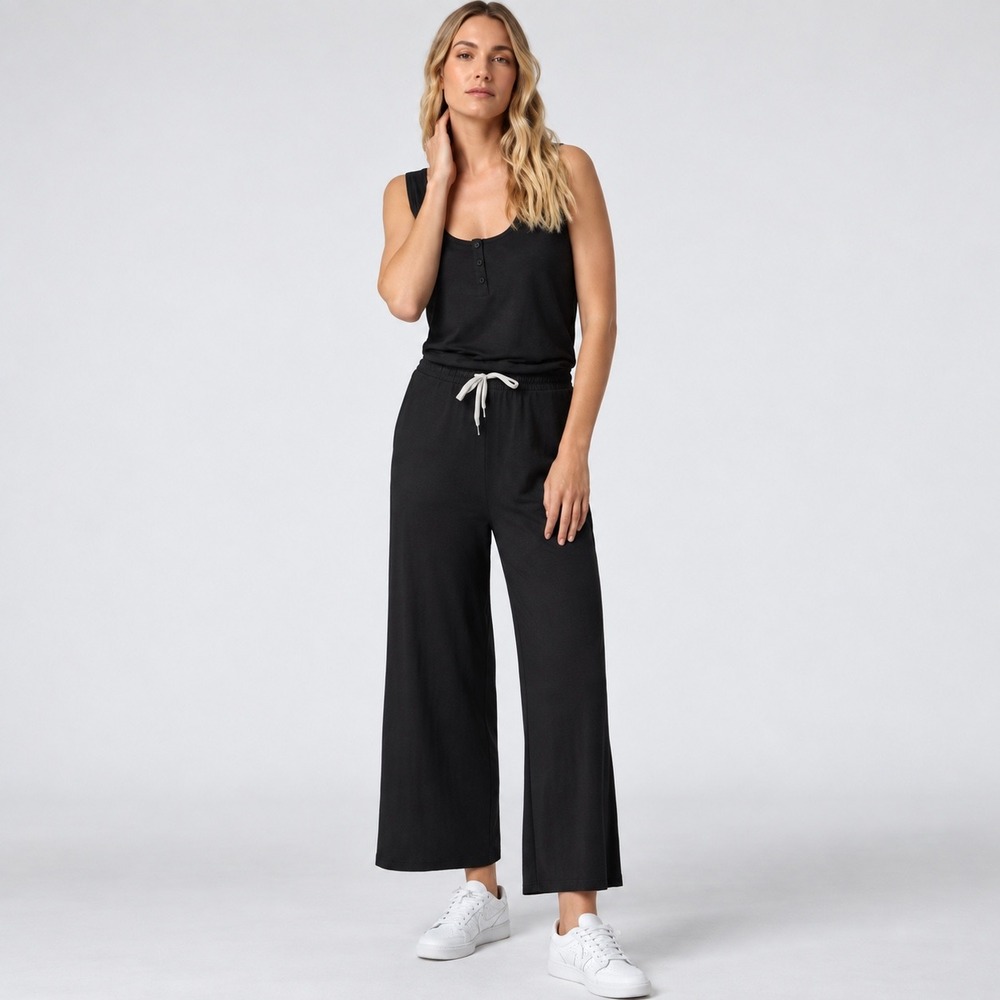 Vuori Falls Jumpsuit Black Heather Henley Wide Leg Sleeveless Drawstring Pockets